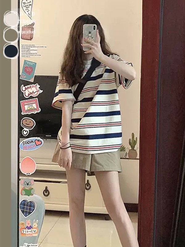 2024新款短袖女夏季港味復古chic短袖上衣闊腿短褲休閒兩件套裝女