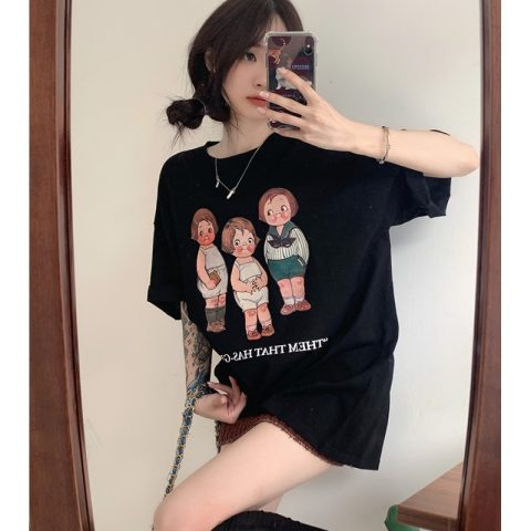 2024夏季新款卡通印花短袖t恤女韓版潮流小眾寬鬆短袖女上衣ins風