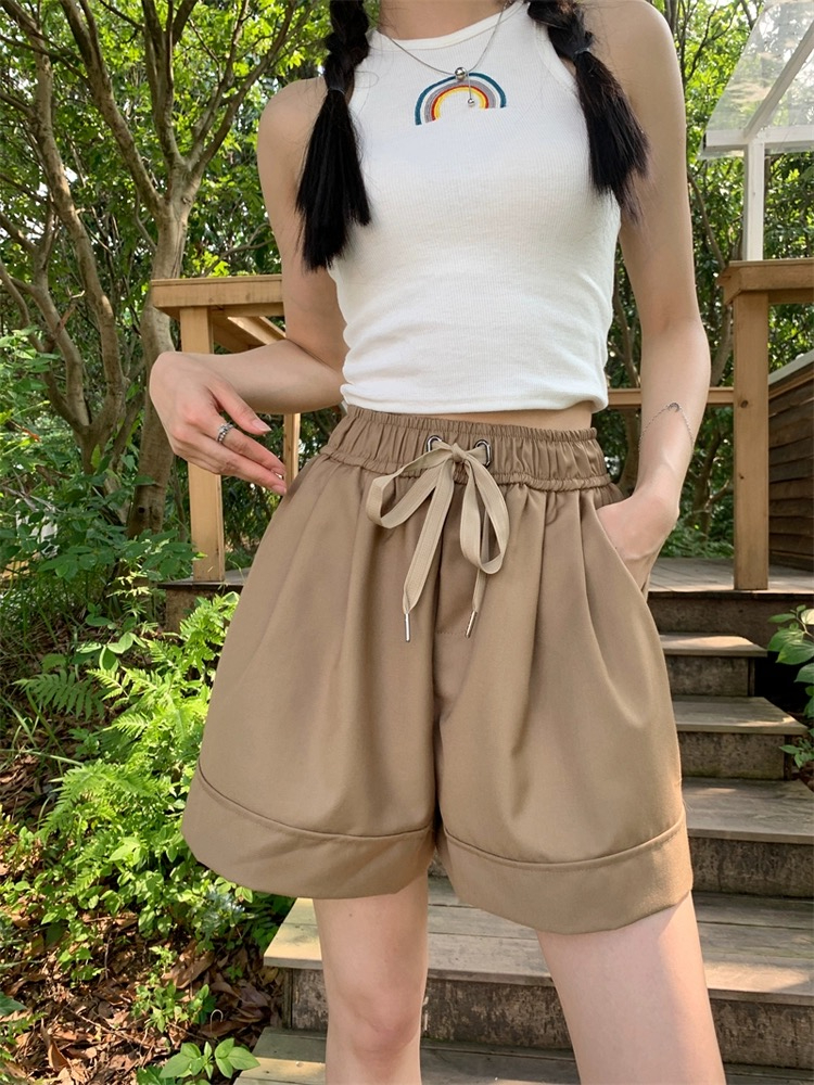 官圖 鬆緊高腰闊腿褲子女夏季寬鬆顯瘦薄款休閒西裝短褲