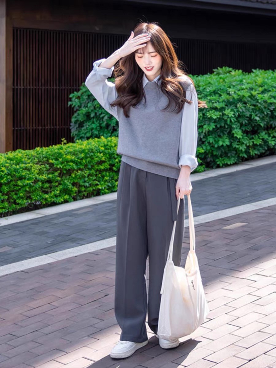 春季穿搭一整套女裝新款春裝高級感小個子馬甲襯衫韓系三件套
