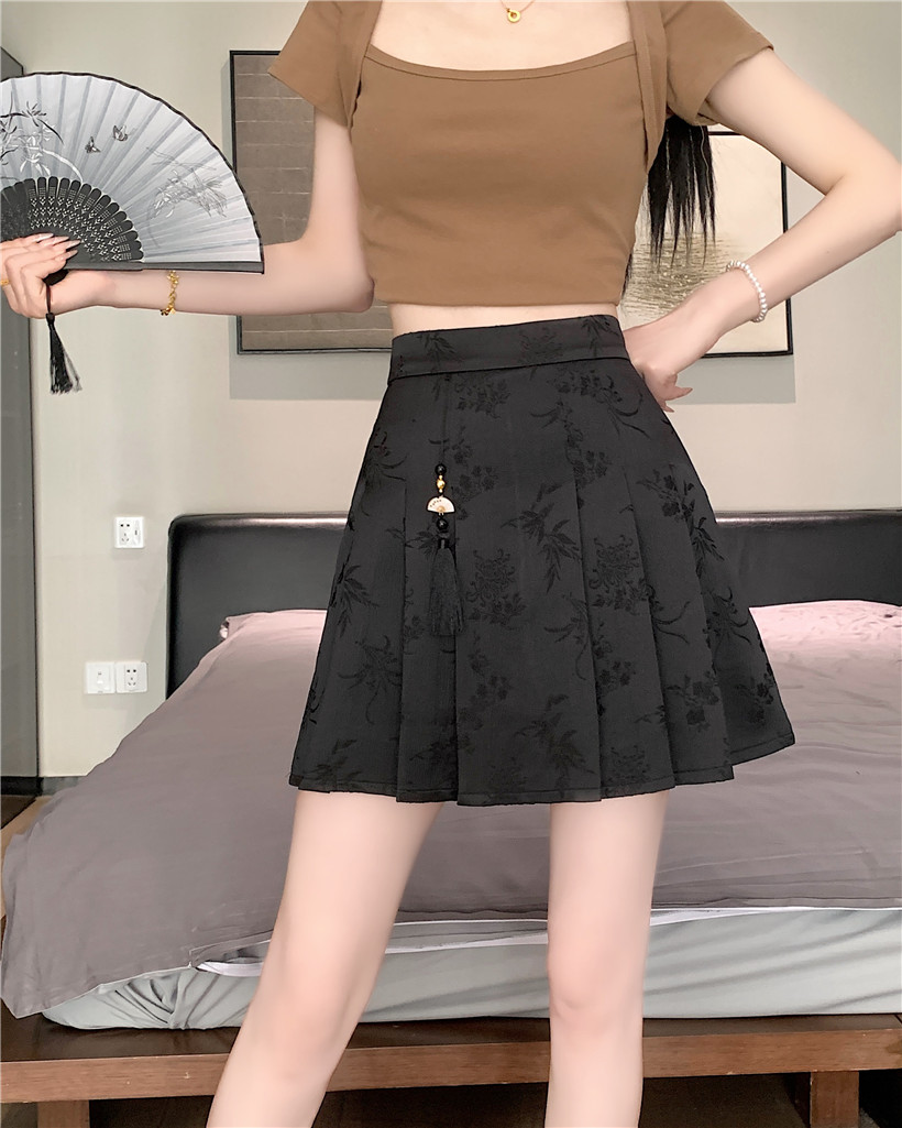 實拍 新中式流蘇提花馬面裙百褶裙子a字半身短裙女