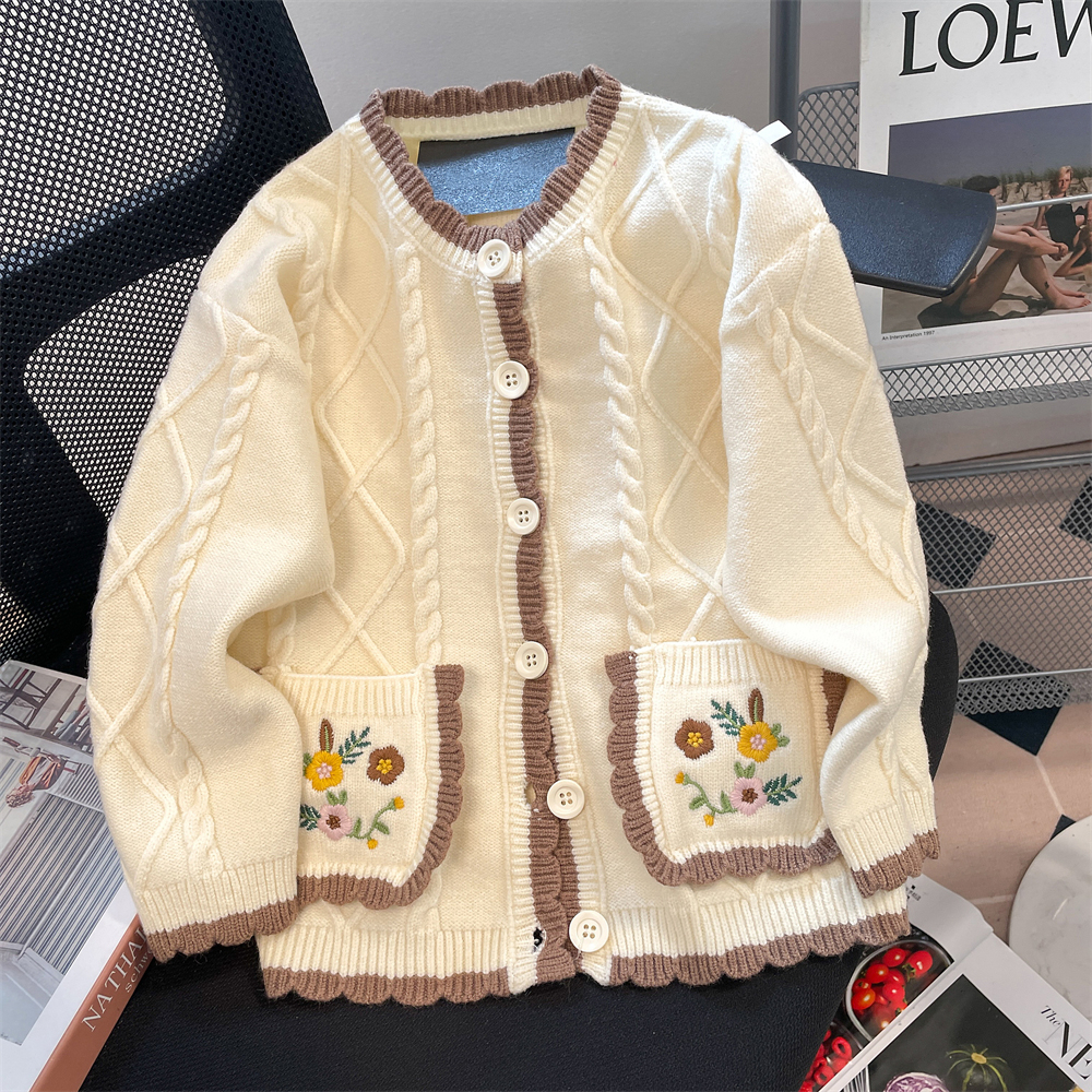 奶呼呼軟糯花朵刺繡麻花毛衣外套男女秋冬法式慵懶溫柔風針織開衫