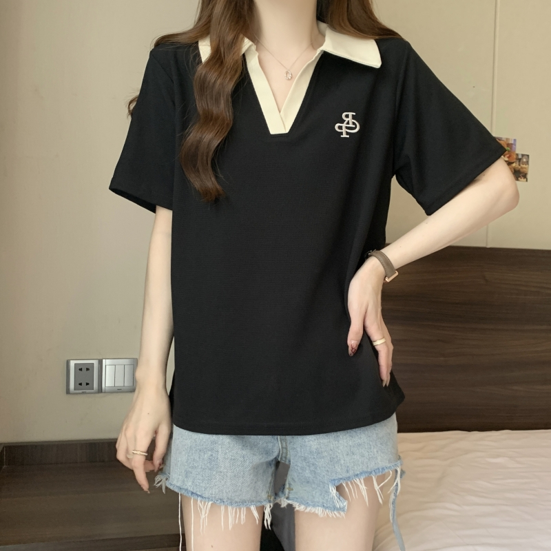 實拍 棉珠地 2024夏裝刺繡花polo領短袖T恤女寬鬆撞色POLO衫上衣