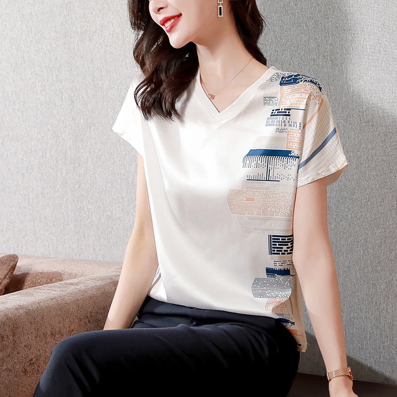 實拍2024夏裝新款短袖V領T恤很仙雪紡衫女氣質寬鬆百搭印花上衣