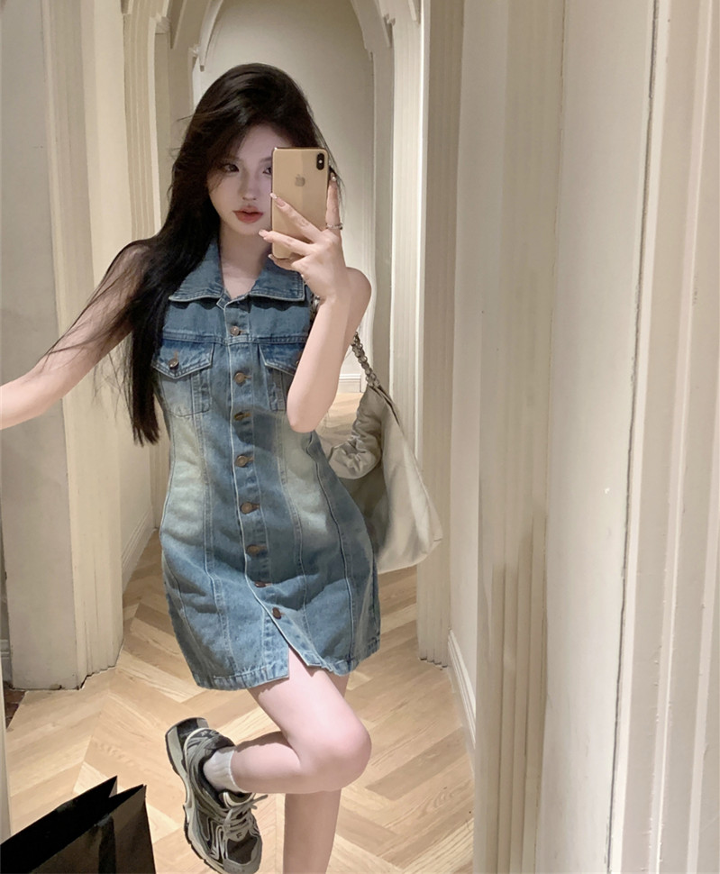 實拍 復古chic牛仔連衣裙女夏韓版辣妹風單排扣無袖顯瘦裙子