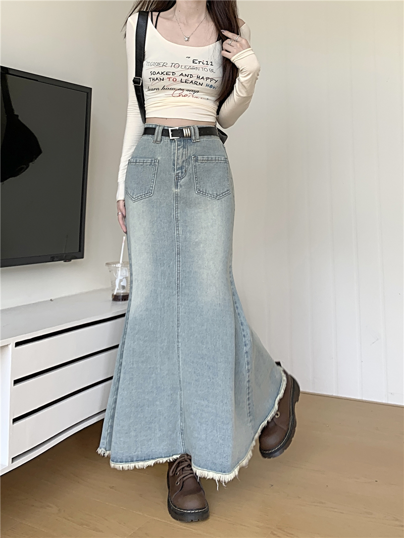 Actual shot ~ High-waisted slimming fishtail hip-hugging sexy denim half-length A-line skirt