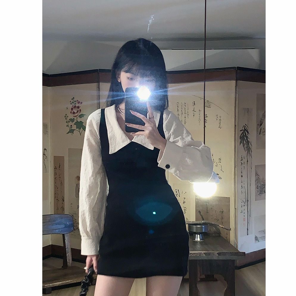 Korean Pure Desire College Style Lapel Dress Plus Size Fat mm Waist Slimming College Style Dress for Women