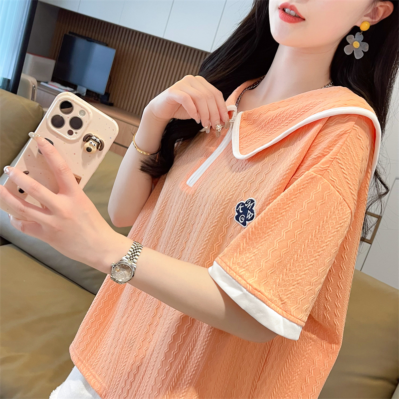 實拍 2024夏季新款韓版寬鬆220克提花娃娃領刺繡短袖T恤女