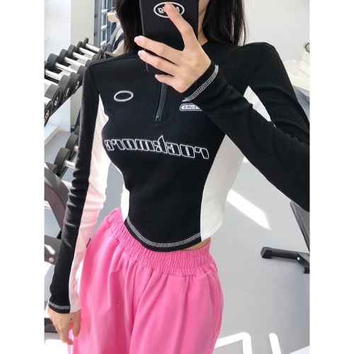 Spring and Autumn Zipper Half-Flat Long Sleeve Contrast Color T-Shirt Women's Top Yoga Wear Slim Fit Hot Girl Cycling Wear