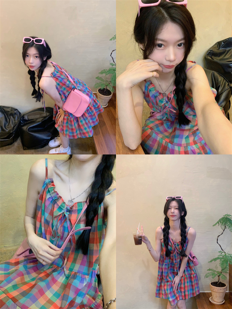 Real shot of dopamine playful girl Korean chic colorful plaid adjustable suspender dress
