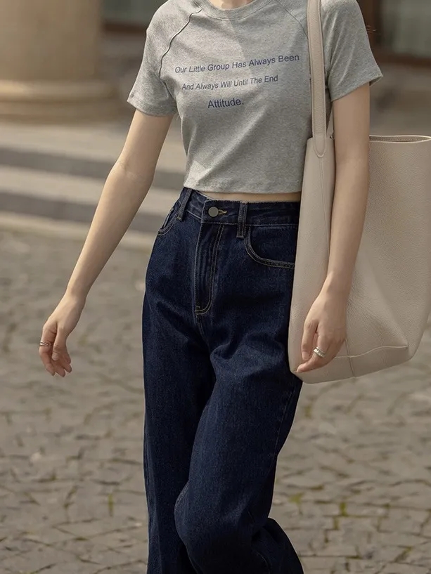 American dark blue jeans for women in spring and autumn high-waisted straight wide-leg pants loose pants retro petite trousers