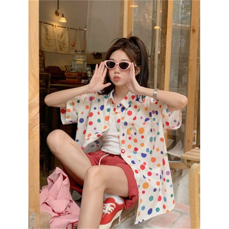 Korean girly style colorful polka dot short-sleeved shirt for women summer new versatile fashion loose slimming top trendy