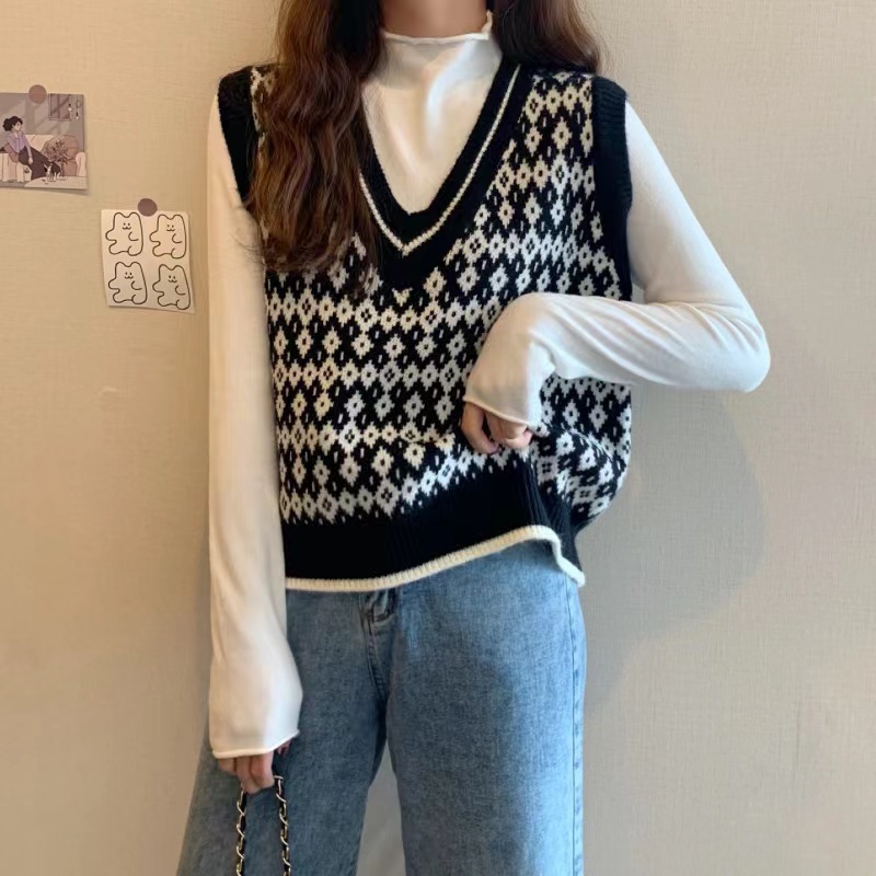 新款v領針織背心學生外搭寬鬆毛衣撞色馬甲外套女無袖上衣女