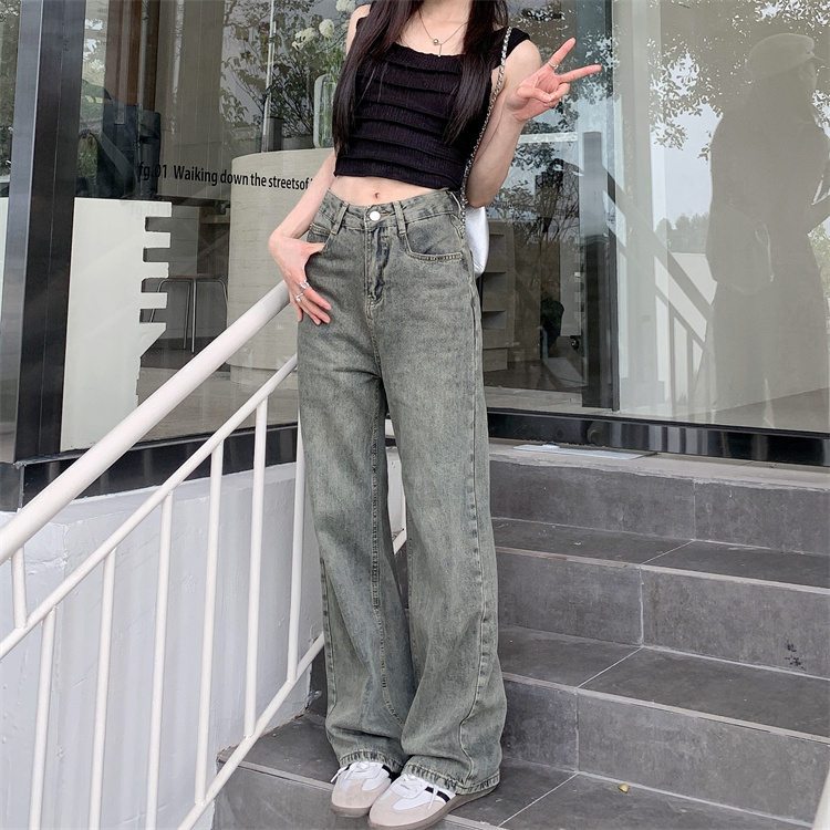 實拍 深藍色直筒褲長褲女 高腰寬鬆牛仔褲拖地褲