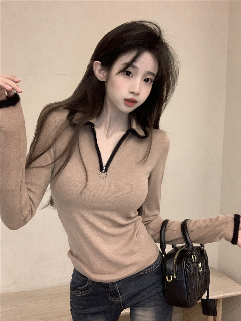 實拍~2024早春新款美辣女孩舒服心機撞色毛毛織帶上衣女