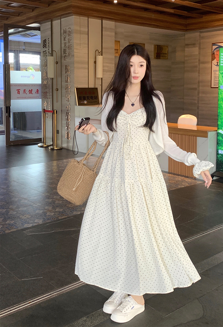 實拍 春夏韓chic甜妹穿搭~波點吊帶連衣裙+百搭毛衣開衫