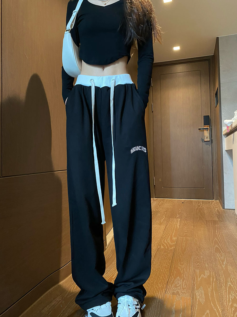 華棉複合牛奶絲大碼撞色拼接男女寬鬆美式嘻哈街舞休閒運動褲