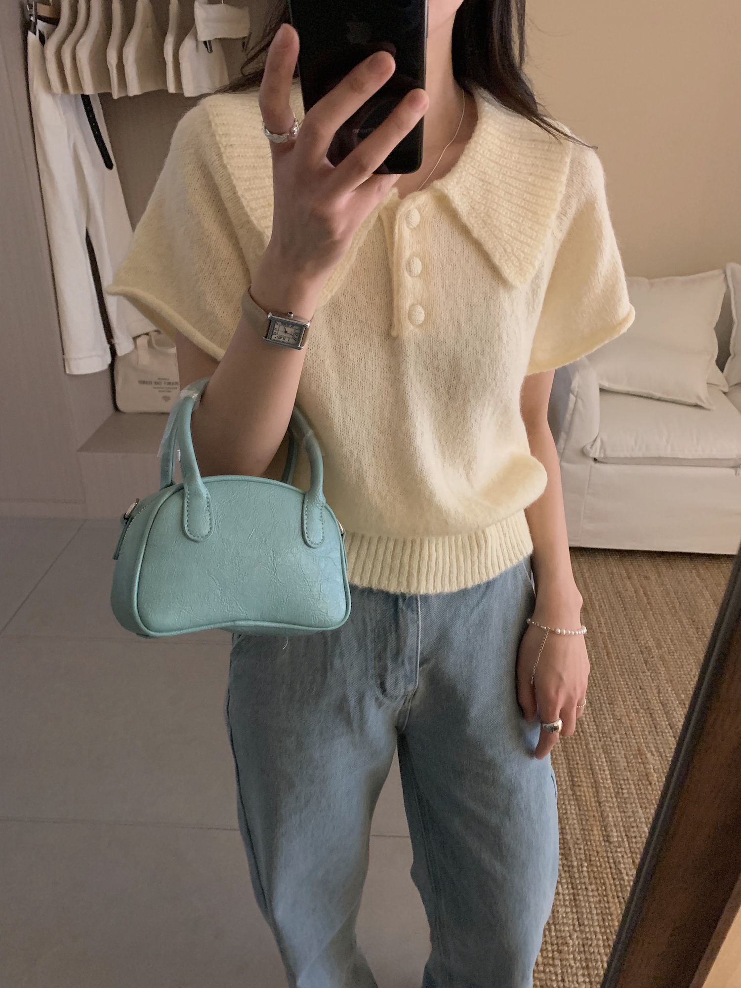 Real shot Korean knitted lapel T-shirt soft waxy wool spring and summer short-sleeved top