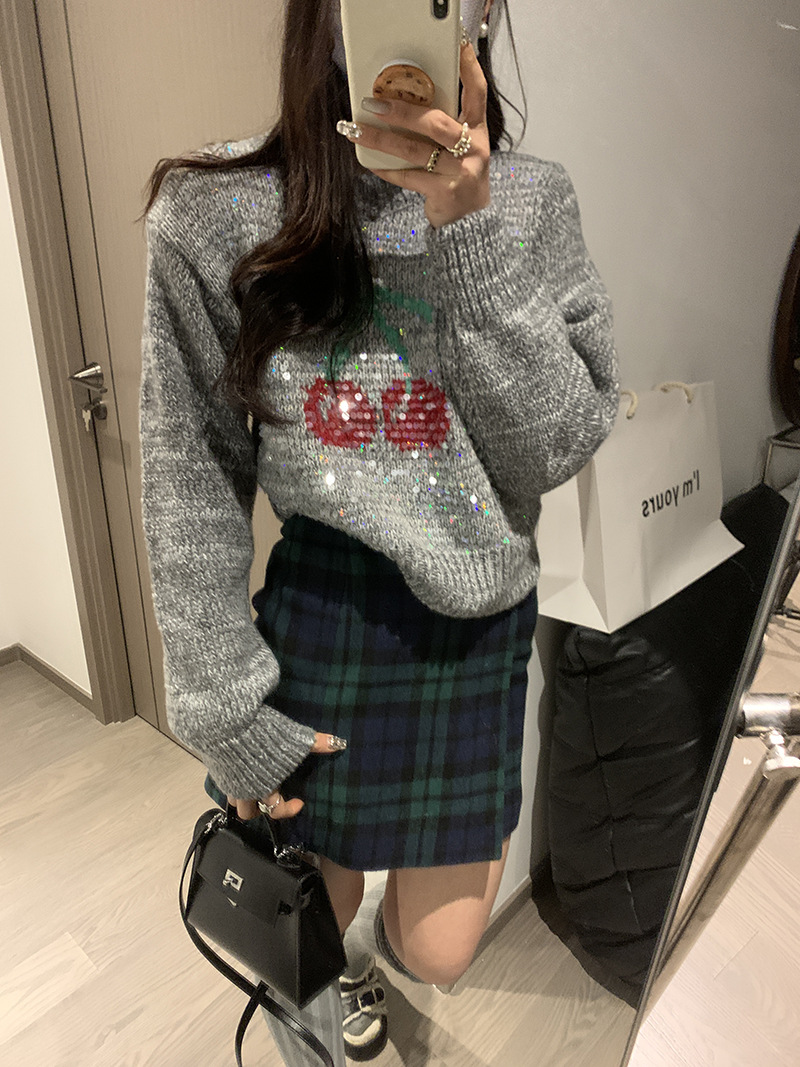 時尚針織衫圓領韓版明顯早春新款名媛亮片櫻桃毛衣女短款