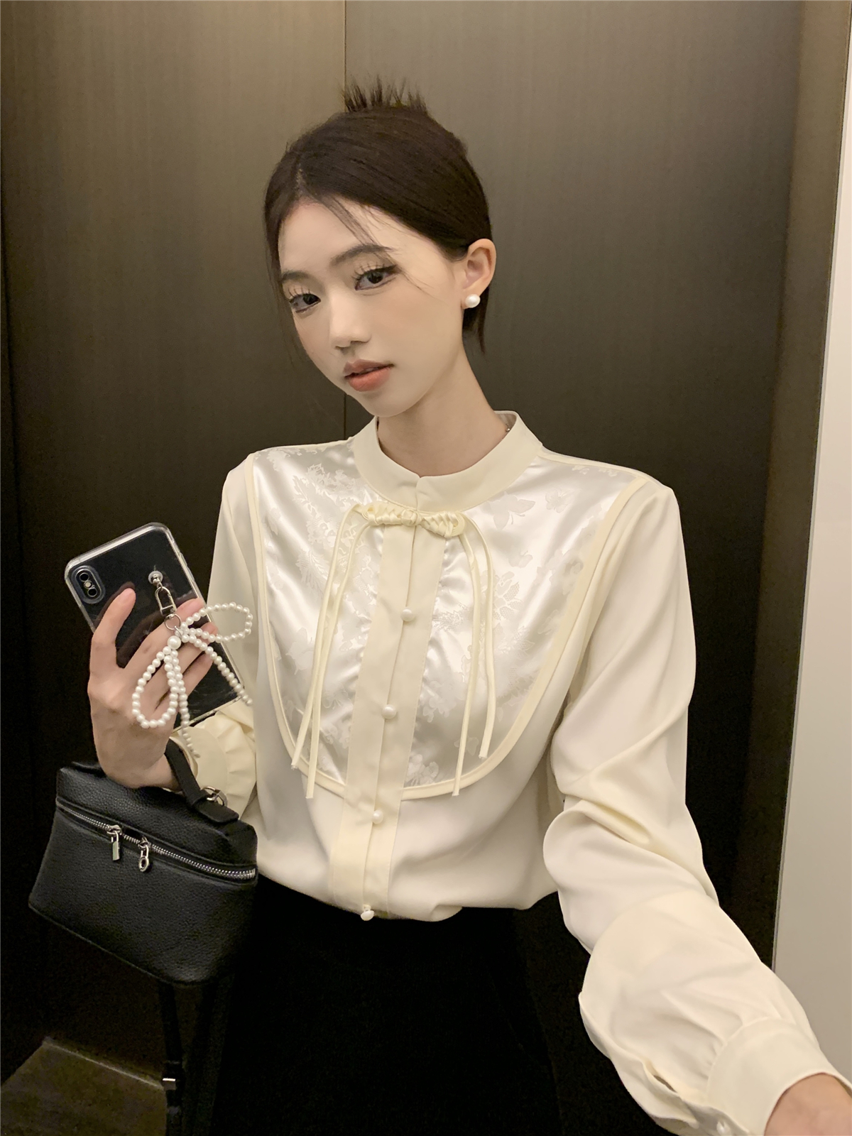 實拍 新款復古長袖新中式氣質女士襯衫洋氣純色立領雪紡襯衫女