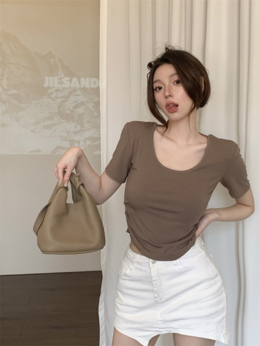 Real shot of hot girl style big U-neck backless slim waist short T-shirt ins sexy short-sleeved top