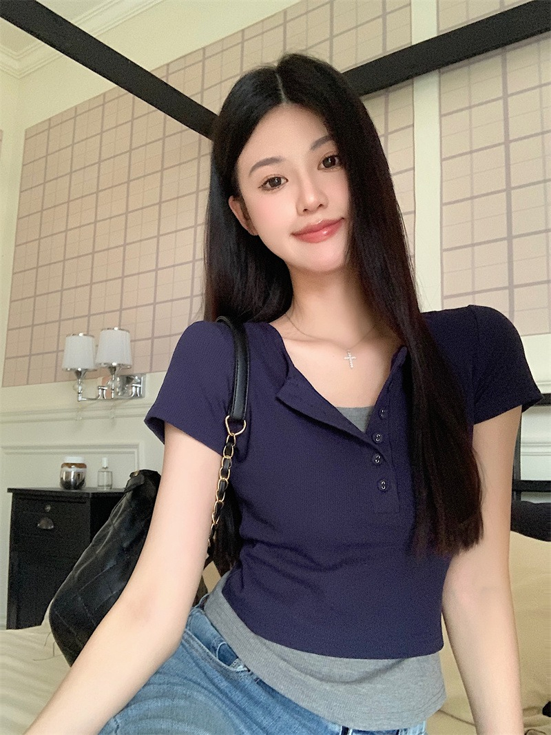 官圖 設計感假兩件短袖T恤女夏季小眾獨特别致上衣ins撞色