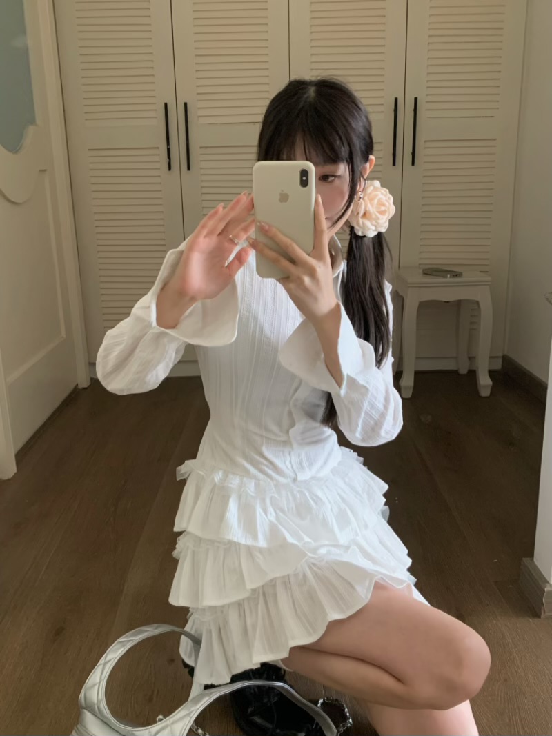實拍奶油蛋糕短款白色連衣裙