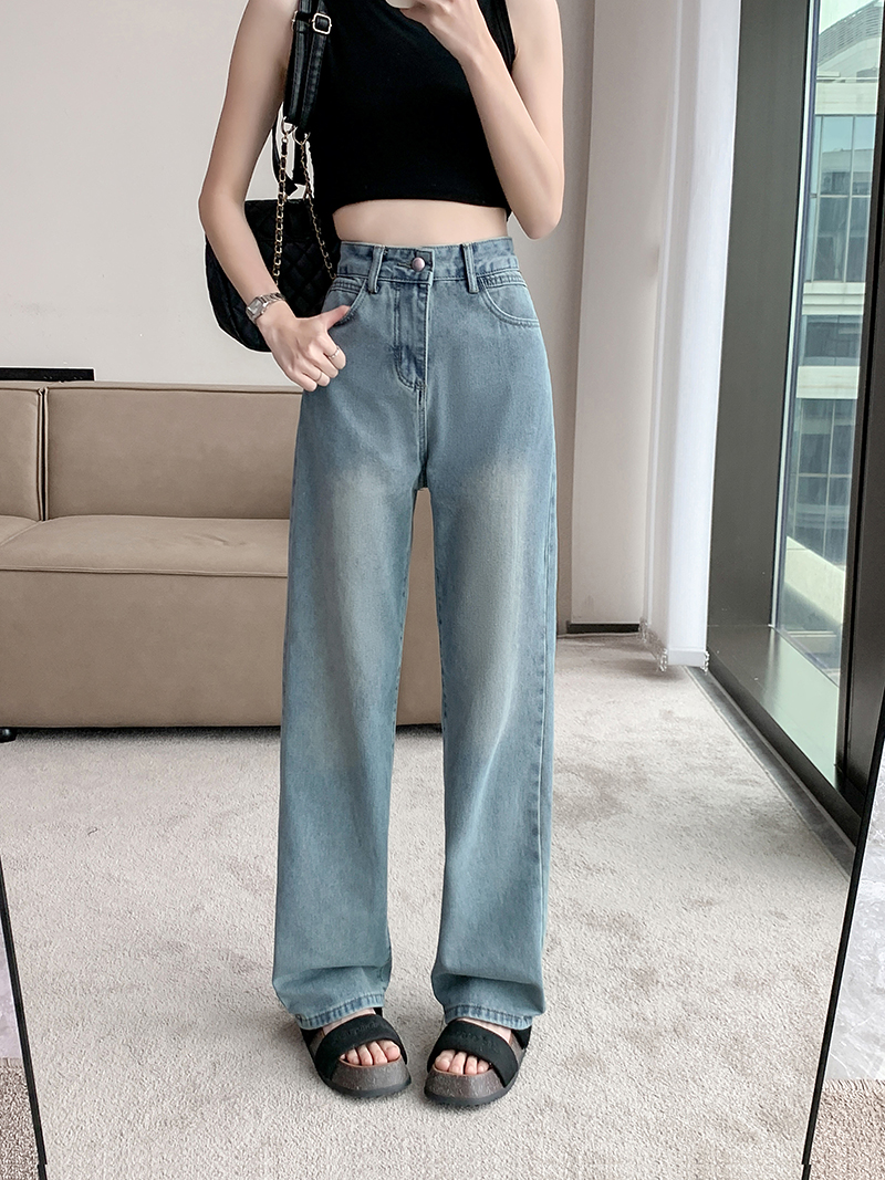 Real shot ~ Jeans, high-waisted floor-length pants for women, spring retro loose wide-leg pants, straight-leg pants, drapey pants