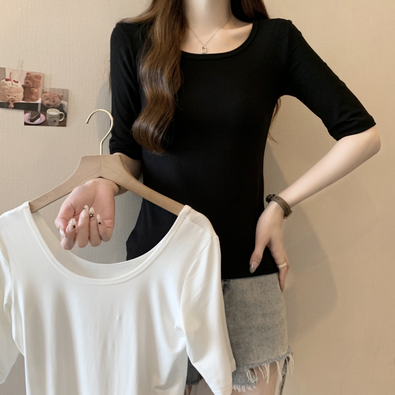 Real shot 40 count pure cotton 2024 summer mid-sleeve quarter-sleeve U-neck short-sleeved T-shirt for women with low collar