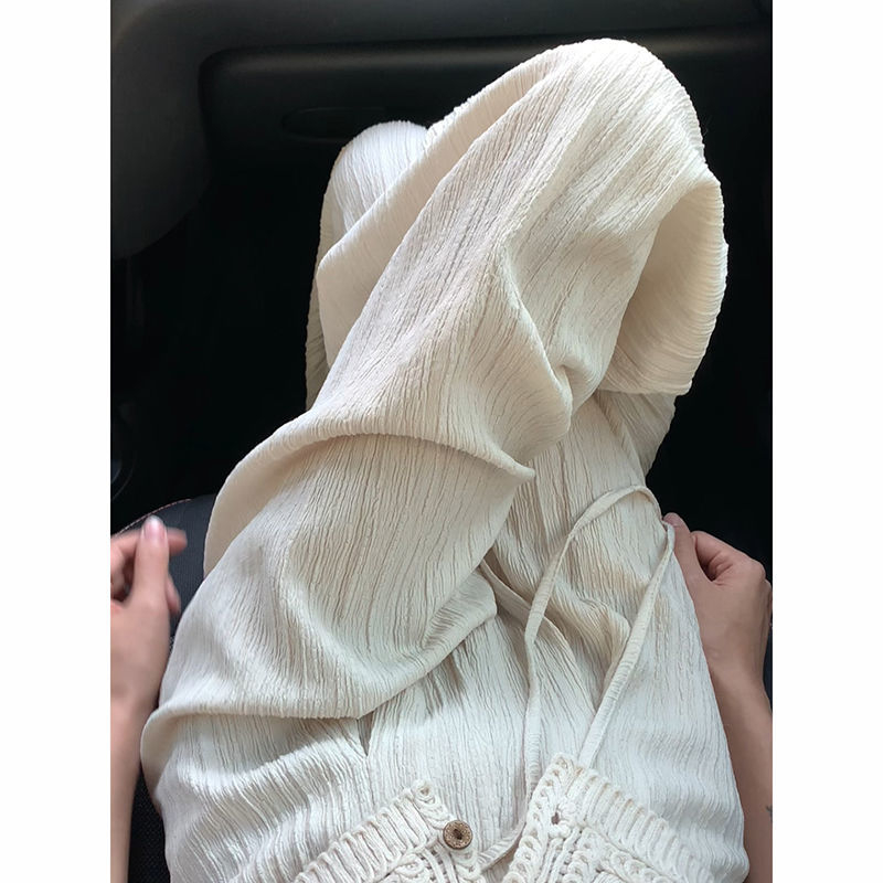 慵懶冰絲褶皺涼涼闊腿褲女2024夏季新款垂感顯瘦高腰休閒拖地裙褲