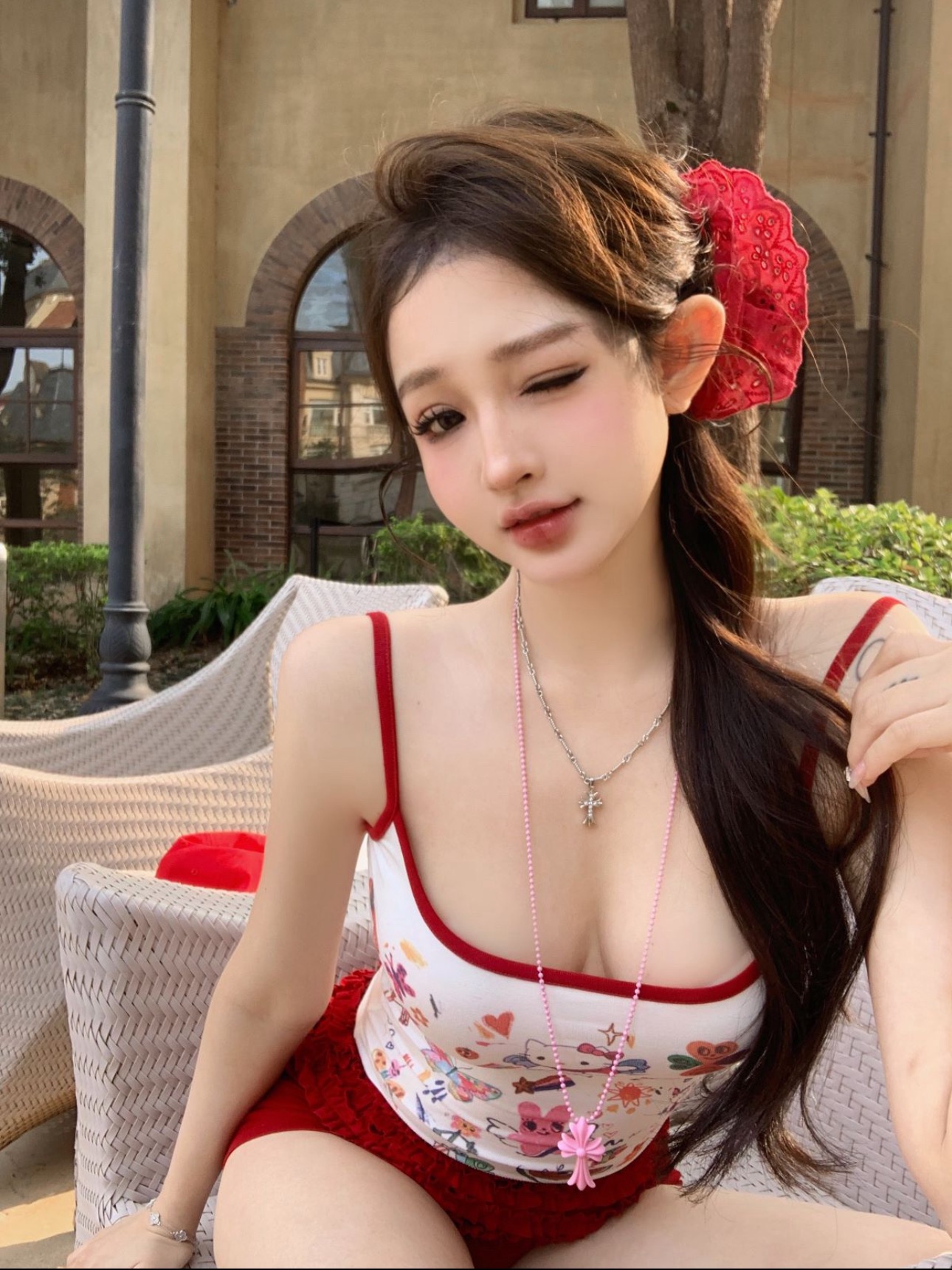 實拍印花吊帶背心設計感撞色修身短款無袖上衣顯瘦花邊短褲