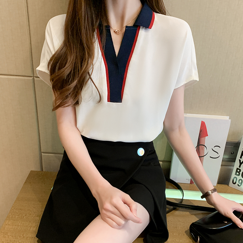 2024夏季新款白色上衣套頭純色寬鬆襯衫氣質短袖V領雪紡衫女