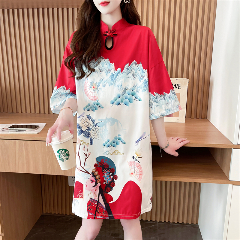 實拍 新款改良旗袍短袖t恤女中長款設計感炸街半袖T恤裙子