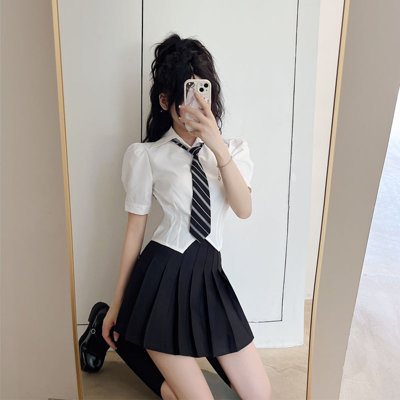 實拍夏季學院風泡泡袖收腰白色短袖襯衫女+百褶短裙減齡兩件套