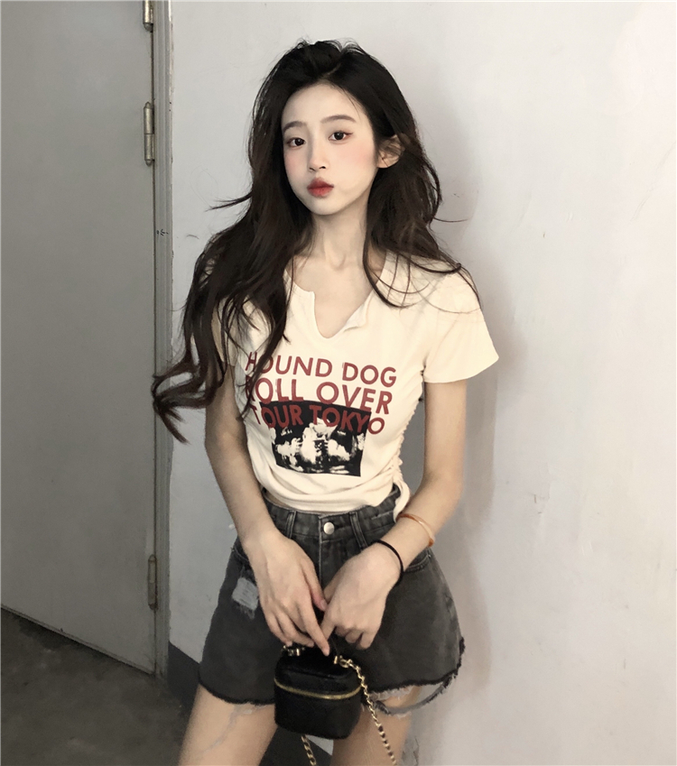 Threaded 250g drawstring belly-covering short top, short-sleeved T-shirt for women in summer, Korean design, slim and slim
