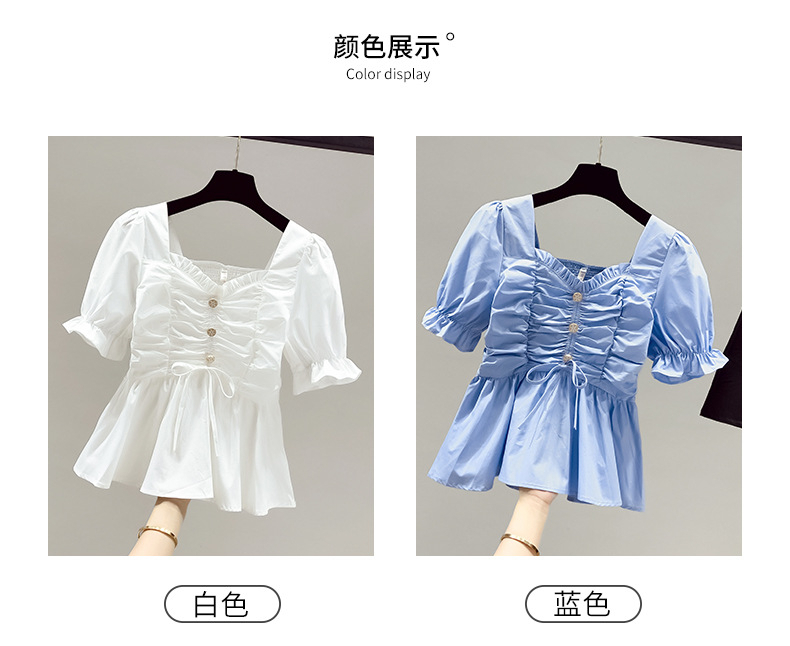 原版做工短袖襯衫女裝夏薄款2024新款遮肚子收腰小衫方領上衣服