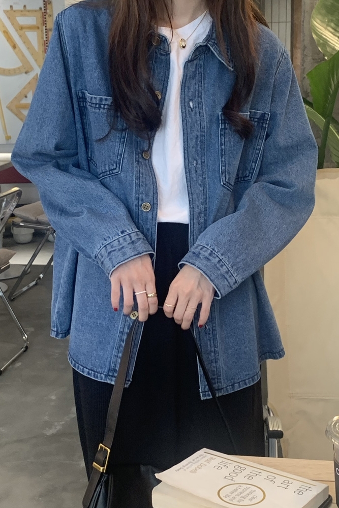 最小的海自製新款牛仔襯衣襯衫女設計感疊穿外套百搭寬鬆長袖上衣