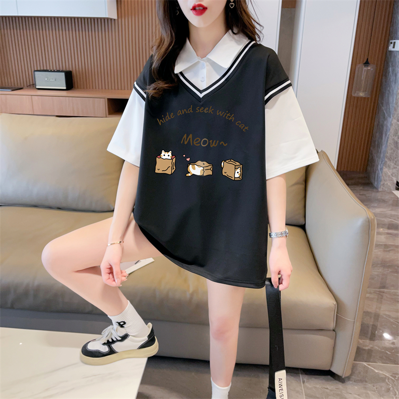 Real shot 2024 summer Korean style loose fake two-piece cartoon print M-3XL large size short-sleeved T-shirt for women