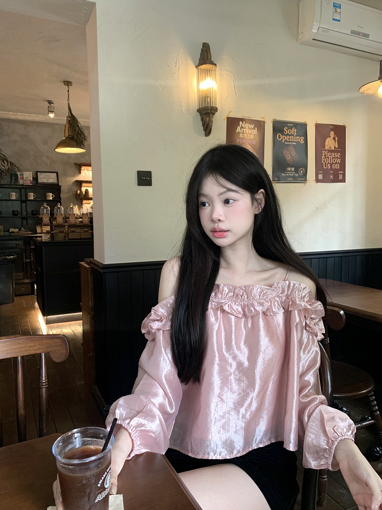 實拍 吊帶一字肩花邊露鎖骨質感上衣復古小性感長袖小衫