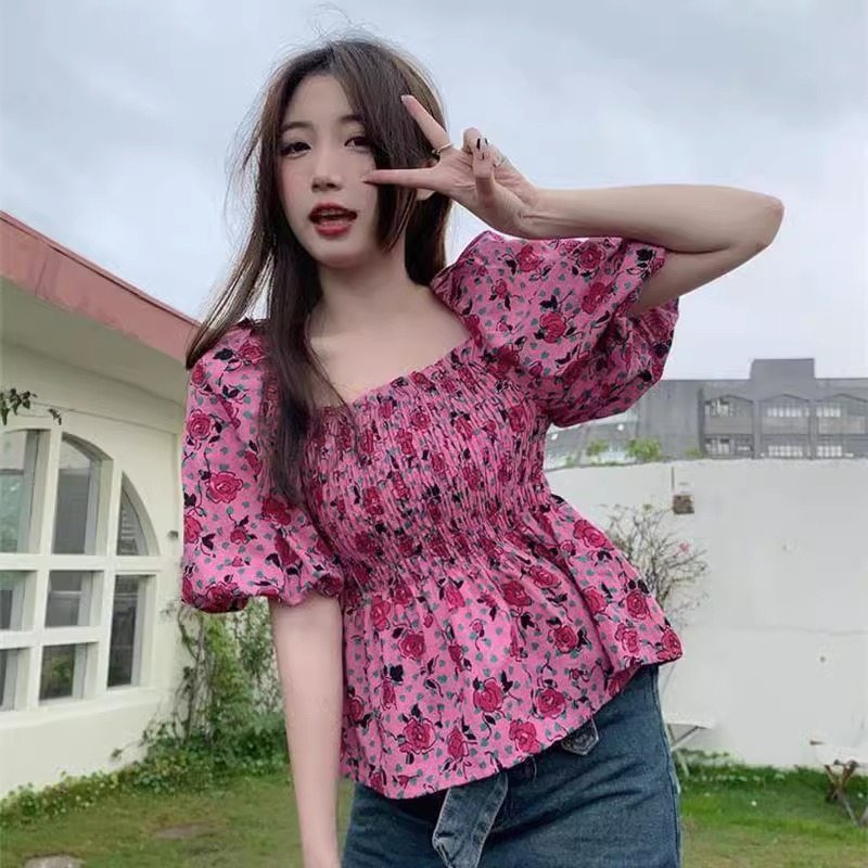官圖 泡泡袖碎花方領襯衫女夏季法式氣質雪紡衫上衣露背收腰小衫