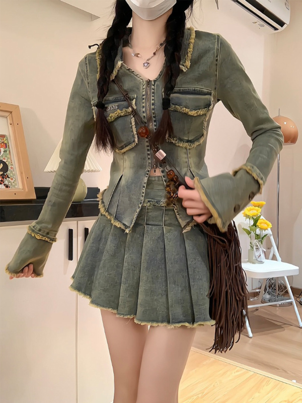 美式復古辣妹牛仔套裝女秋季新款小眾設計感高腰百褶裙兩件套