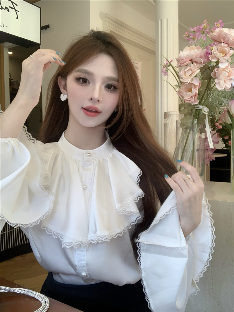 復古氣質喇叭袖立領緞面襯衫法式設計感寬鬆襯衫女實拍