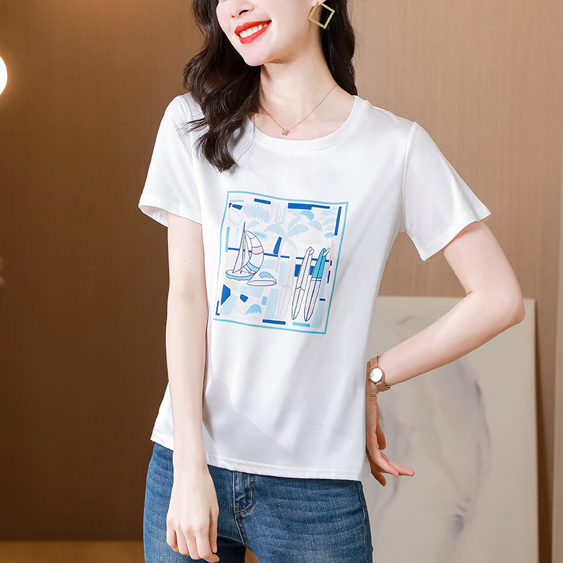 實拍2024夏季新款印花T恤女顯瘦上衣圓領百搭雪紡衫設計感小眾