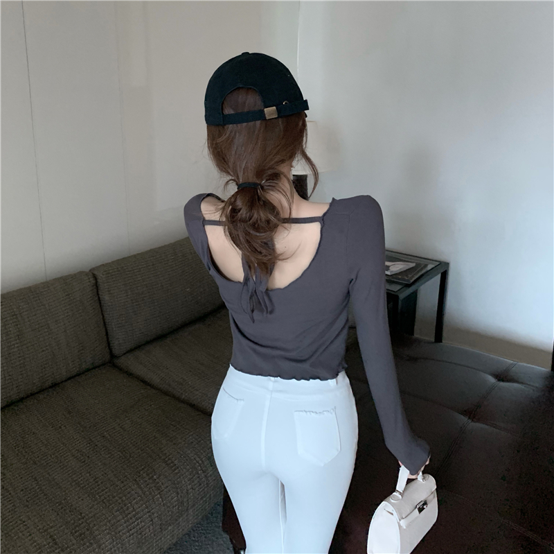 實拍春季純欲辣妹百搭短款修身v領露臍腰褶皺長袖上衣打底衫t恤