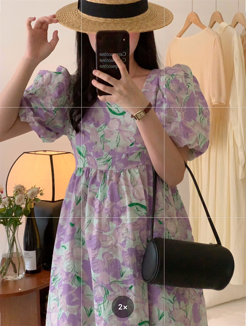 ~實拍！設計感甜美小眾花朵韓系泡泡袖連衣裙