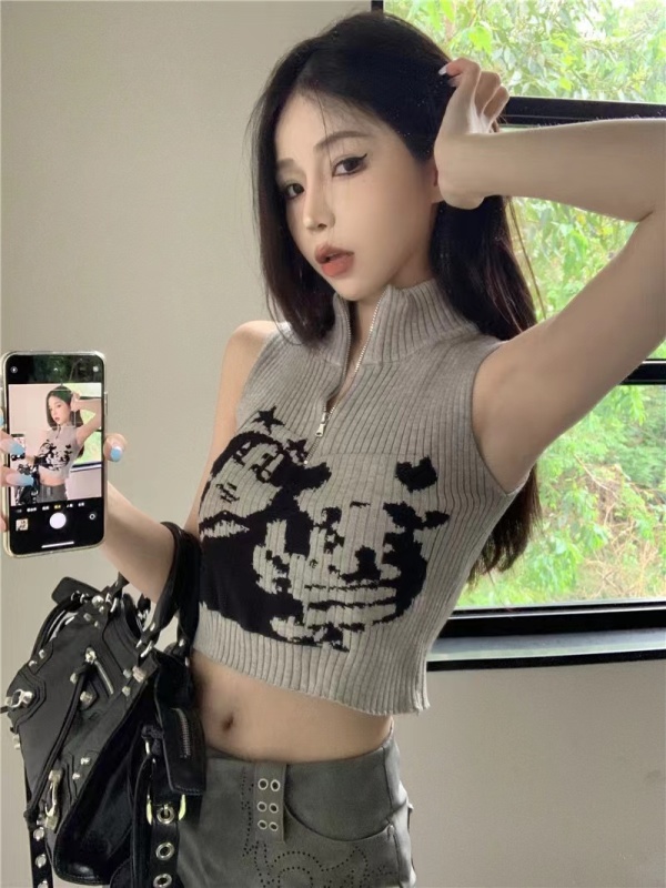美式復古針織吊帶背心女夏季灰色印花拉鏈設計感高領短款上衣外穿