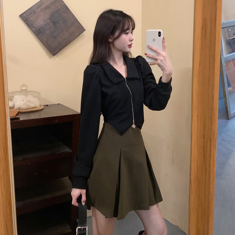大碼杏色不規則短款顯瘦衛衣女新款設計感小眾polo領開衫拉鏈上衣