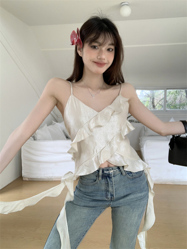 實拍 荷葉邊飄帶吊帶小背心春夏性感外穿修身內搭上衣