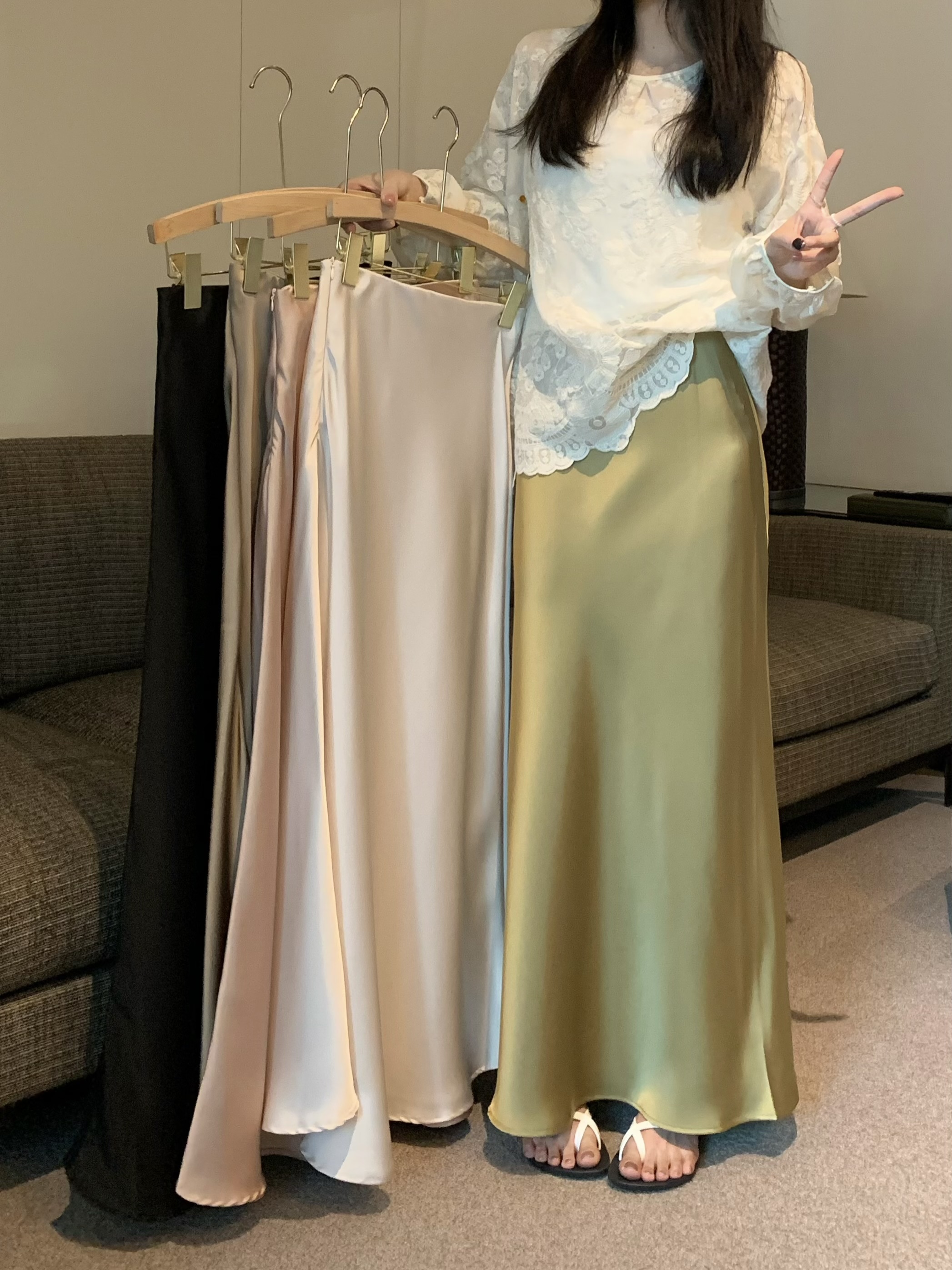 Real shot~ New Chinese style elastic waist slim mid-length skirt satin silky skirt fishtail A-line long skirt