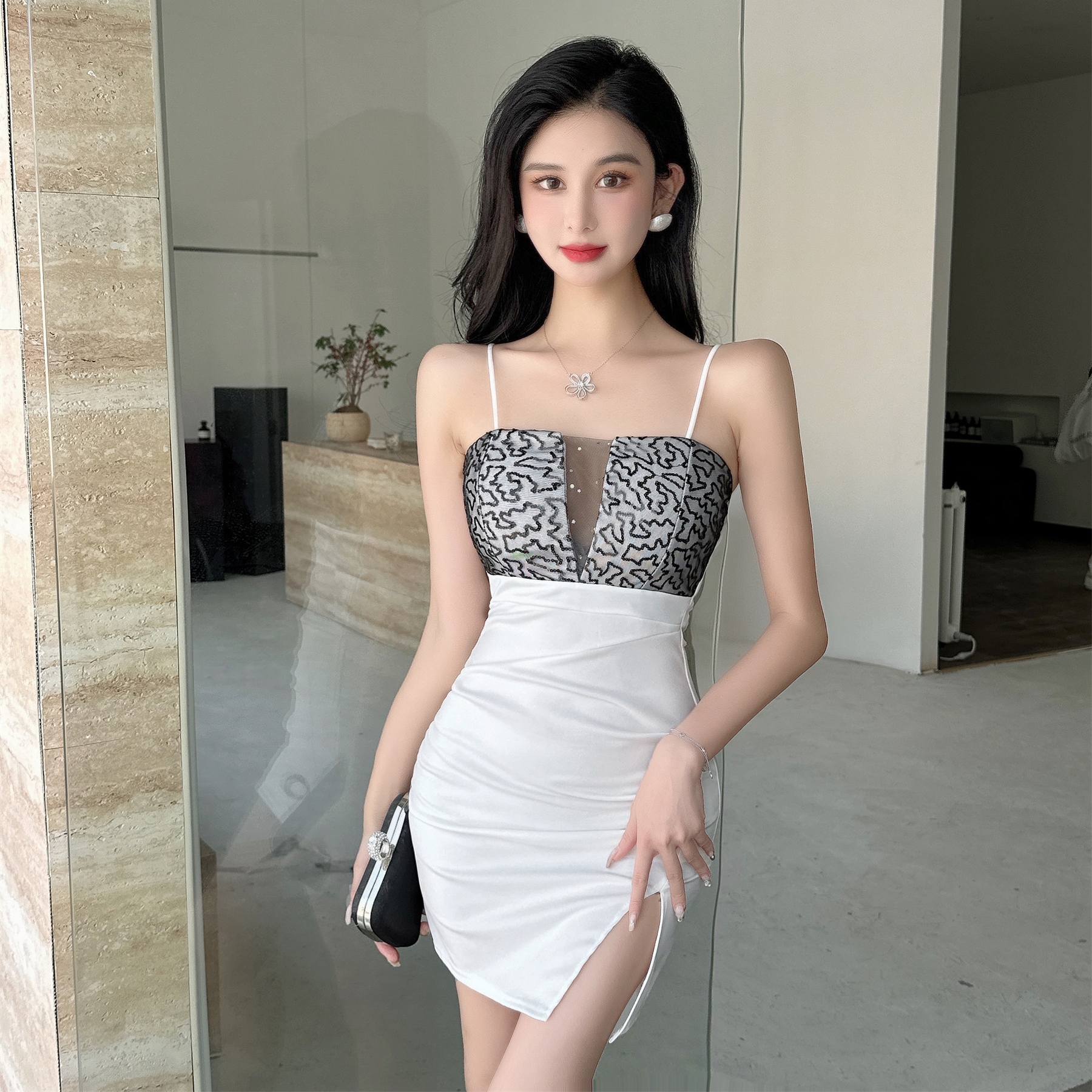 實拍夜店吊帶低胸連衣裙緊身開叉包臀短裙夜場工作服